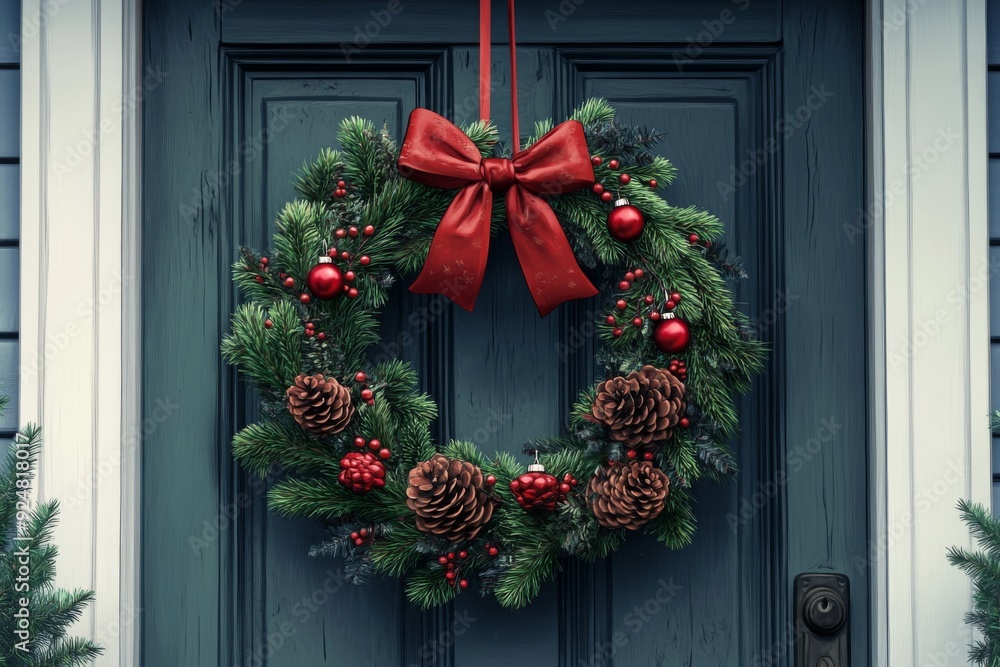 A beautifully crafted wreath adorns the front door, spreading holiday cheer. The combination of evergreen branches, pinecones, and shiny red bells creates a warm and inviting atmosphere. A beautifully crafted wreath adorns the front door, spreading holiday cheer. The combination of evergreen branches, pinecones, and shiny red bells creates a warm and inviting atmosphere.