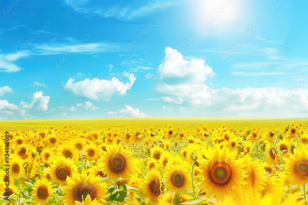 Obraz premium Sunflowers Field. Beautiful Yellow Sunflowers in Nature with Blue Sky Background