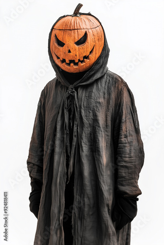 Man wears a pumpkin head on Halloween