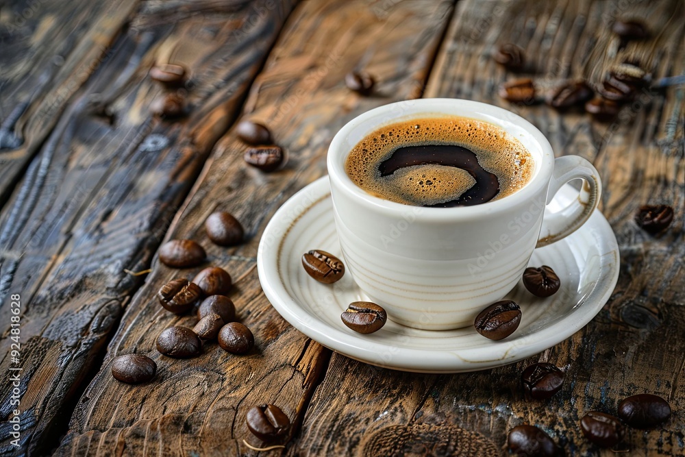 Coffee cup and coffee beans on a wooden background. toning. selective focus Coffee cup and coffee beans on a wooden background. toning. selective focus