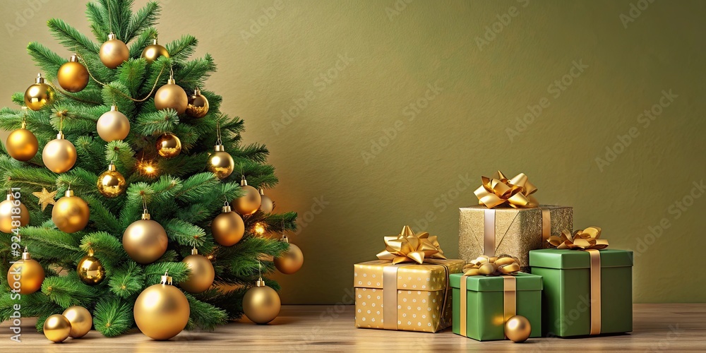 Green fir tree adorned with golden balls, surrounded by gift boxes, Christmas, background, decoration, holidays Green fir tree adorned with golden balls, surrounded by gift boxes, Christmas, background, decoration, holidays