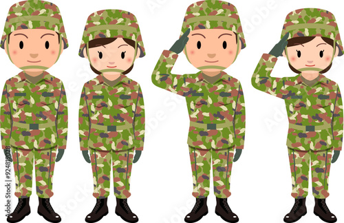 自衛隊　敬礼をする男性と女性自衛官のイラスト
