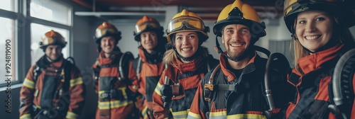 Obraz na płótnie A cheerful group of firefighters in helmets and uniforms, smiling and standing together at the fire station, showcasing team spirit and readiness. w salonie