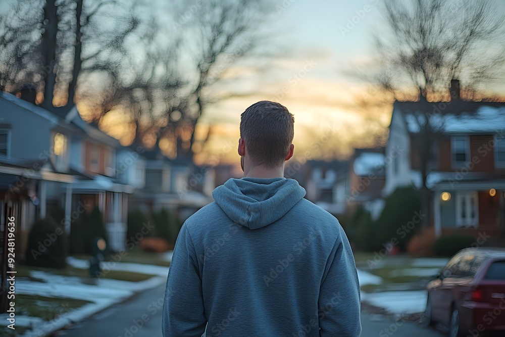 Fototapeta premium A solitary figure gazes at the dwindling twilight, his silhouette framed by a quiet suburban street, evoking feelings of contemplation and introspection.