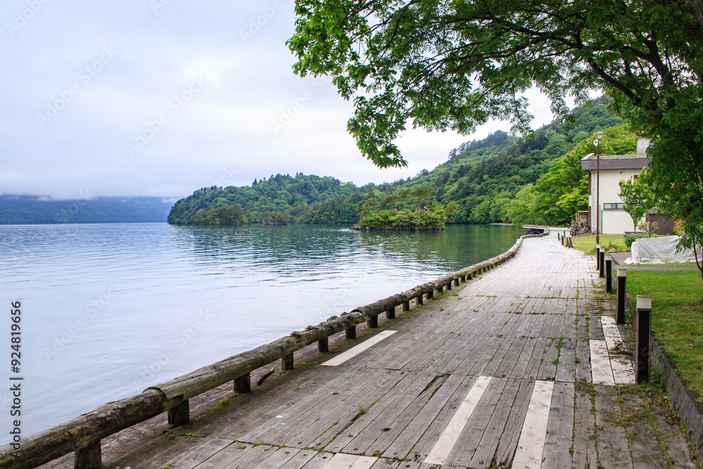 Fototapeta premium Tranquil Lakeside Promenade with Scenic Views, Towada Lake, Aomori, Japan