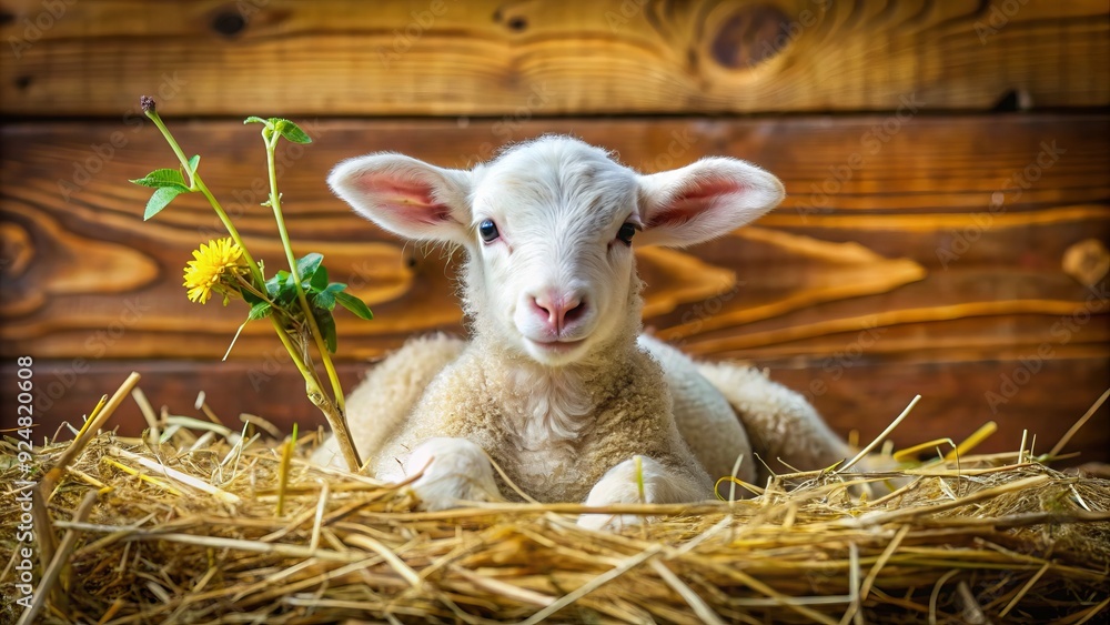 Adorable newborn lamb nestled in a bed of soft, golden hay, symbolizing innocence and springtime, with fresh greenery and a rustic wooden backdrop. Adorable newborn lamb nestled in a bed of soft, golden hay, symbolizing innocence and springtime, with fresh greenery and a rustic wooden backdrop.