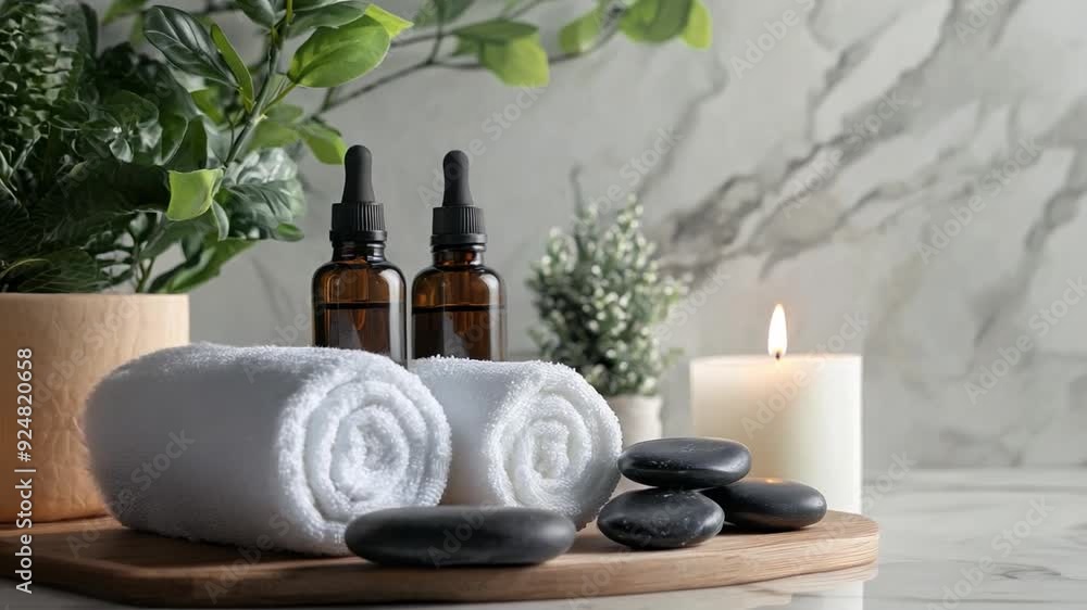 A serene spa setting featuring brown bottles, rolled towels, smooth stones, and a lit candle, evoking tranquility and relaxation. A serene spa setting featuring brown bottles, rolled towels, smooth stones, and a lit candle, evoking tranquility and relaxation.