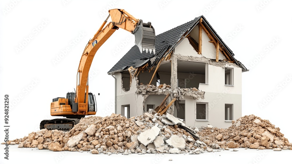 Obraz premium Depiction of a suburban house partially demolished by a large excavator, with the rubble neatly piled on a white background