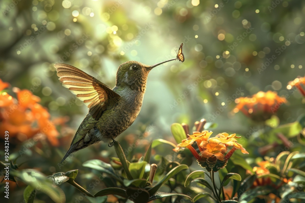 Naklejka premium Hummingbird with Long Beak Hovering Near Orange Flowers and a Butterfly