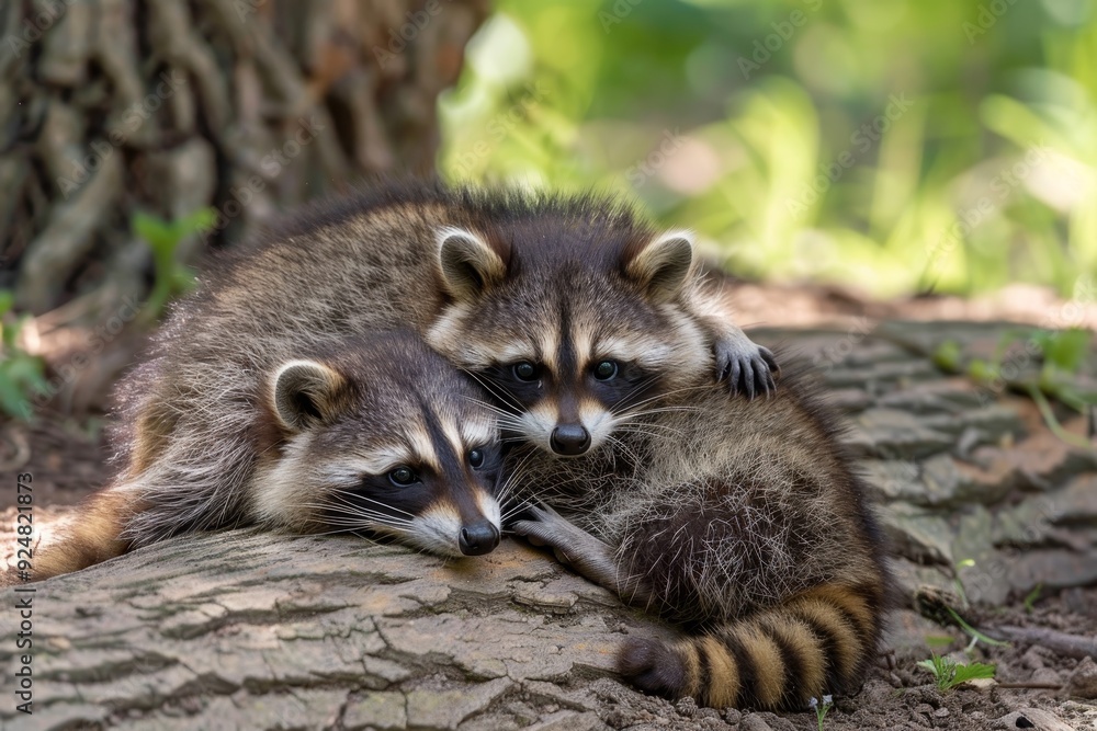 two baby raccoons are cuddling together on the ground, pair of baby raccoons wrestle playfully, tumbling over each other in heap two baby raccoons are cuddling together on the ground, pair of baby raccoons wrestle playfully, tumbling over each other in heap