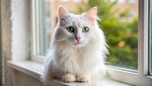 Adorable white fluffy cat with bright curious eyes and soft whiskers sits comfortably on a windowsill, gazing outside with a gentle expression. photo