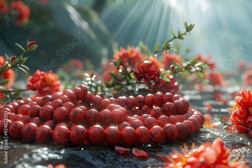 Mala Beads and Spiritual Symbols Mala beads arranged with spiritual symbols and calming