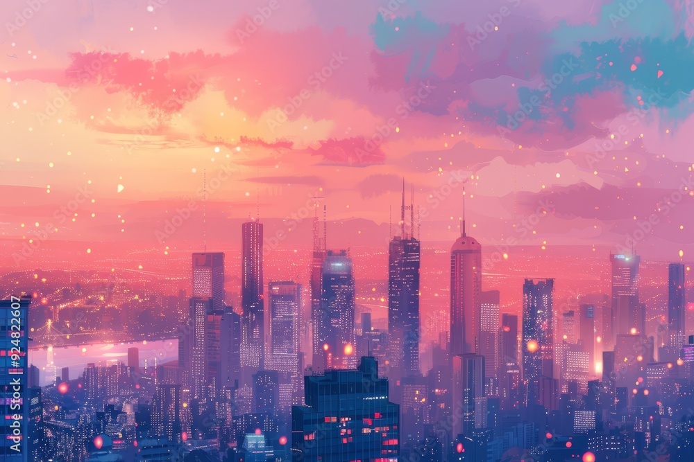 city with lot of buildings and sunset, pastel cityscape at sunset with twinkling lights city with lot of buildings and sunset, pastel cityscape at sunset with twinkling lights