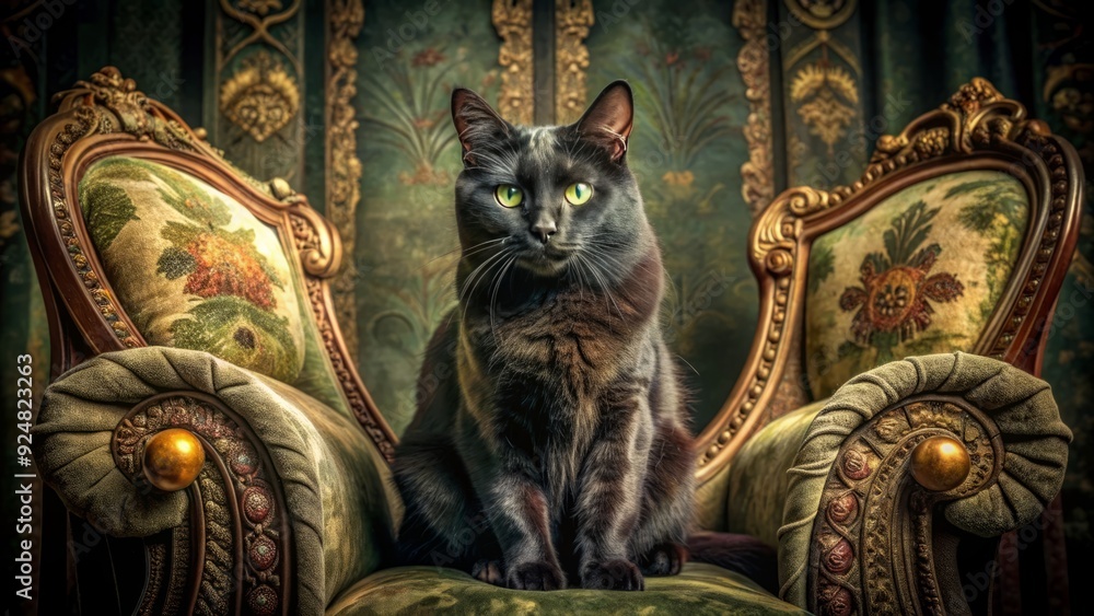 Fototapeta premium A majestic vintage black cat with piercing green eyes poses regally on a worn, antique armchair, surrounded by faded velvet drapes and aged tapestries.