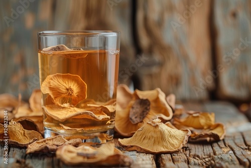 Bael tea with dried slices on wooden background bael juice for health Aegle marmelos photo