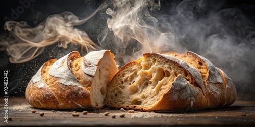 Close-up of freshly baked bread being torn apart, with steam rising and crust cracking, fresh, bread, bakery, artisan, homemade