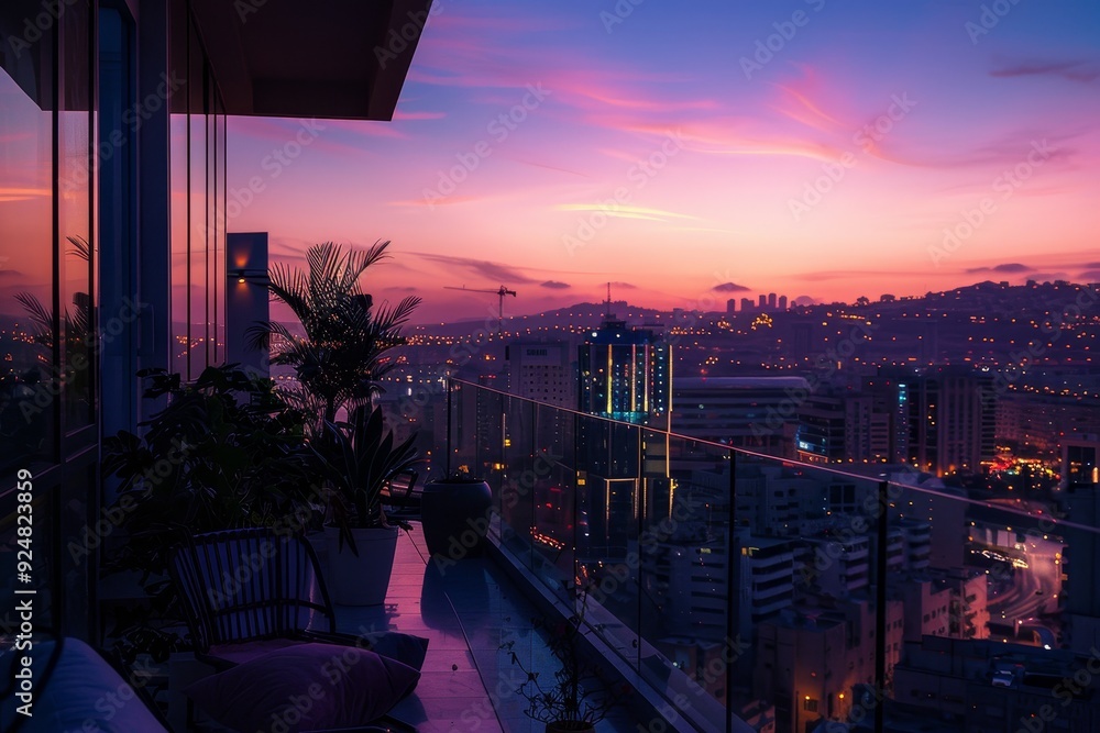 Naklejka premium view of city from balcony at night, scenic penthouse view overlooking quiet, beautiful city at dusk