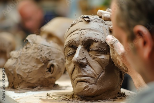 woman is making sculpture of womans face, sculptor molds clay into living sculptures photo