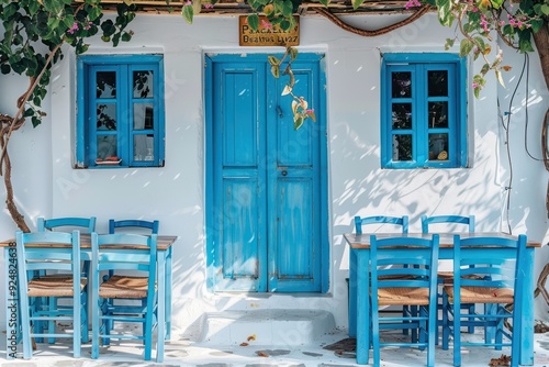 Greek cafe with bright horizontal backdrop photo