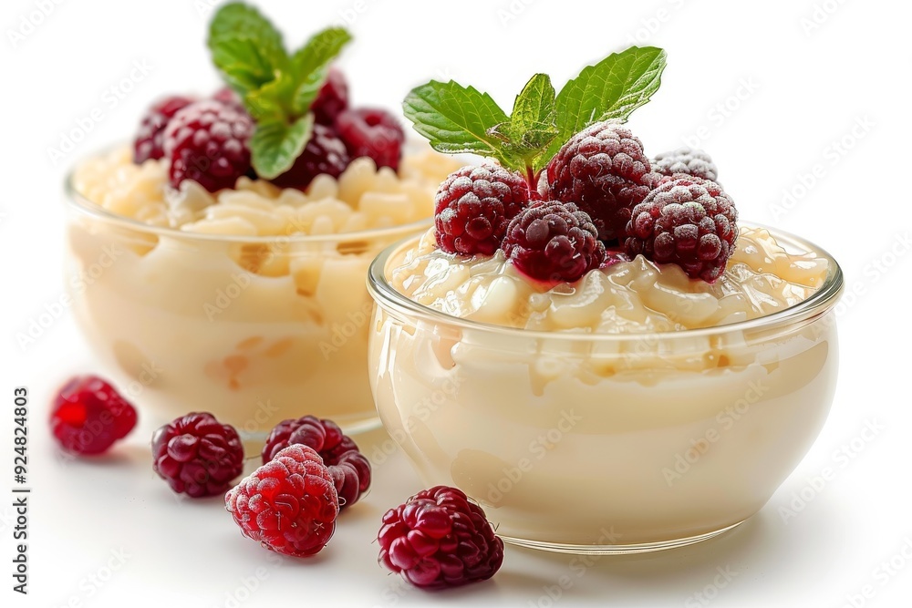 Two bowls of creamy dessert topped with raspberries and mint leaves. Two bowls of creamy dessert topped with raspberries and mint leaves.
