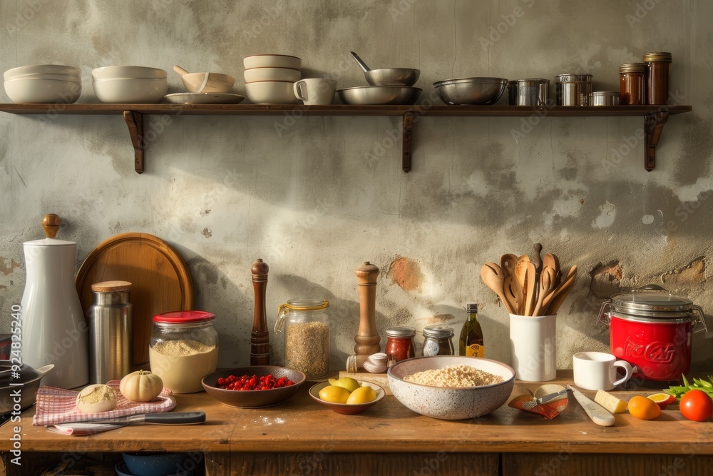 table with bowl, spoon, and other items on it, still-life kitchen, with utensils, bowls and ingredients formed purely from negative space table with bowl, spoon, and other items on it, still-life kitchen, with utensils, bowls and ingredients formed purely from negative space
