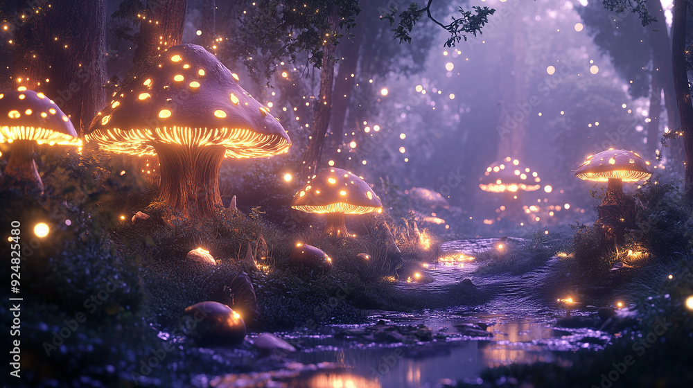 Obraz premium Fairytale Forest at Dusk with Glowing Mushrooms
