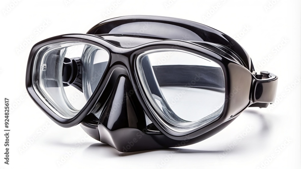 A sleek, curved snorkel mask with clear lenses and a black rubber skirt, isolated on a white background, ready for underwater adventure. A sleek, curved snorkel mask with clear lenses and a black rubber skirt, isolated on a white background, ready for underwater adventure.