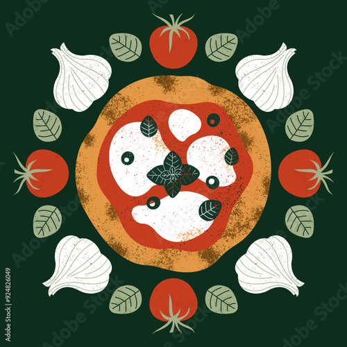 Italian pizza ingredients. Garlic and tomato background. Food composition. Vector illustration