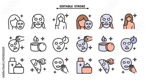Skin care icons set vector illustration. Editable stroke. Makeup removal and skin care icons set