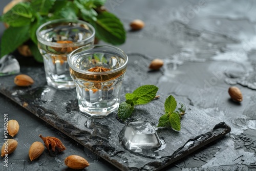 Raki and Ouzo on slate gray background traditional Turkish and Greek drinks photo