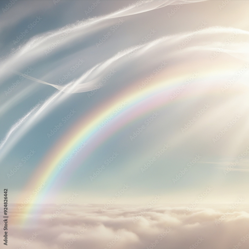 A sweeping rainbow arching gracefully across a tranquil sky A sweeping rainbow arching gracefully across a tranquil sky