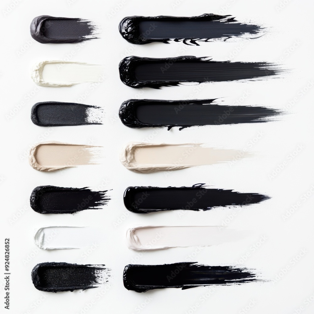 Neat layout of various eyeliner and mascara swatches against a white background Neat layout of various eyeliner and mascara swatches against a white background