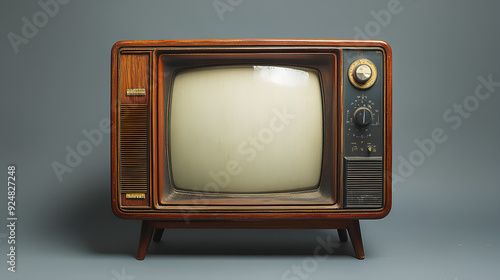 An old vintage retro tv television set with blank screen and isolated on a white background