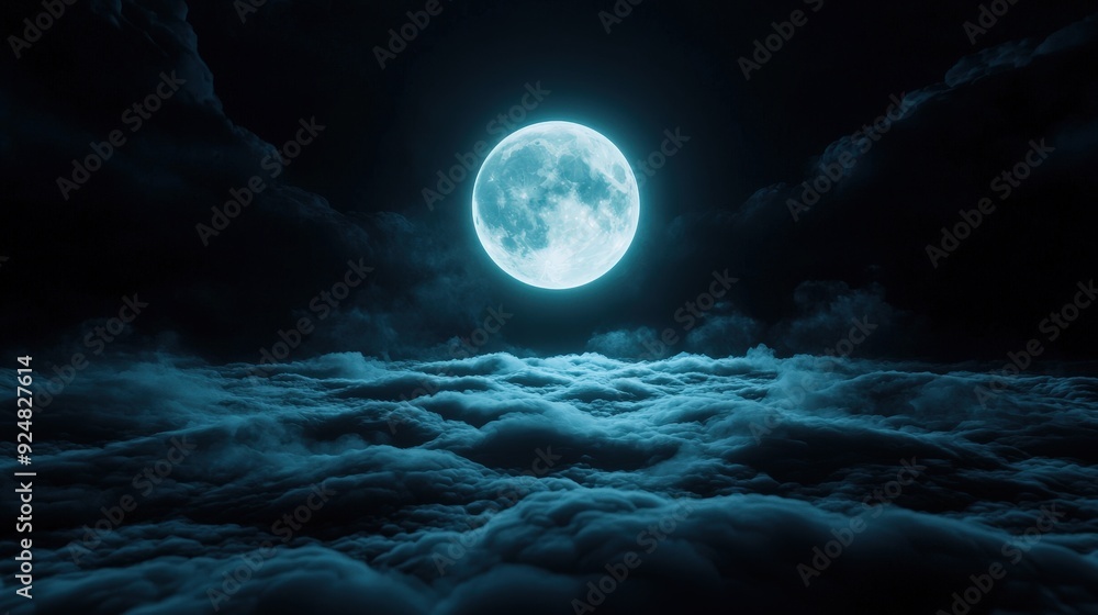 Asperitas clouds illuminated by a full moon creating an eerie nocturnal scene Asperitas clouds illuminated by a full moon creating an eerie nocturnal scene