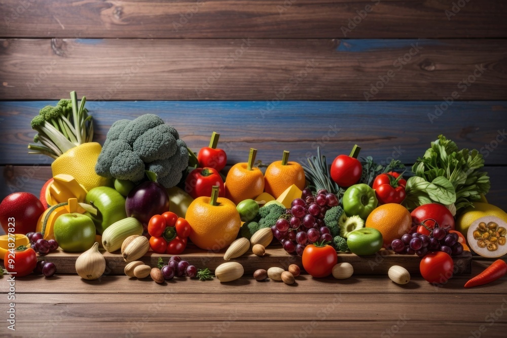 Vegetables and fruits over a wooden background with a copy space Vegetables and fruits over a wooden background with a copy space