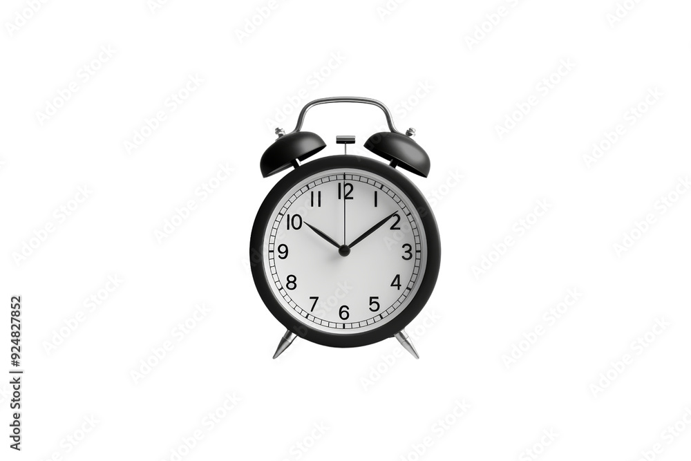 Classic black retro alarm clock with bells on top, isolated on white background, showing 10:10. Perfect for time management concepts. Classic black retro alarm clock with bells on top, isolated on white background, showing 10:10. Perfect for time management concepts.