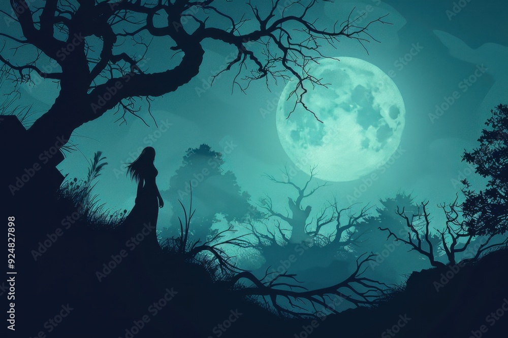 Fototapeta premium Silhouette of a Woman Standing in a Forest Under a Full Moon