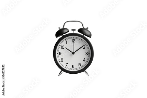 Classic black retro alarm clock with bells on top, isolated on white background, showing 10:10. Perfect for time management concepts.