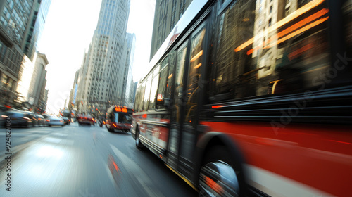 Urban Bus in Motion on a Crowded Street with Detailed Bus Mirror View