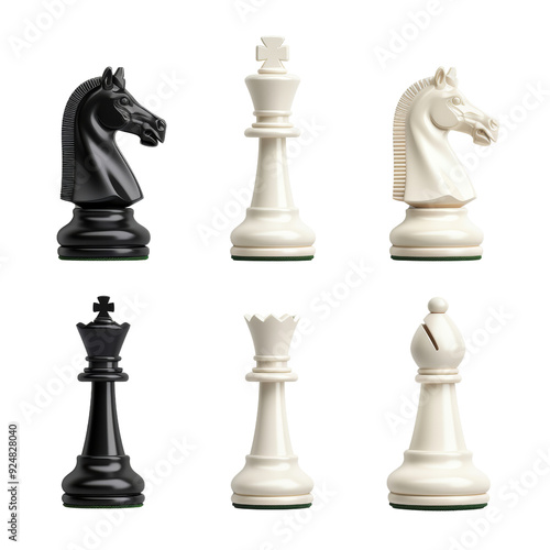 Set of black and white chess pieces including king, queen, bishop, and knight against a white background, perfect for strategy games.