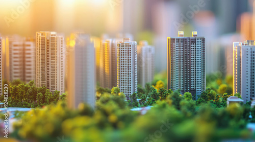 A detailed Urban City Model showcasing Illuminated Skyscrapers alongside Greenery