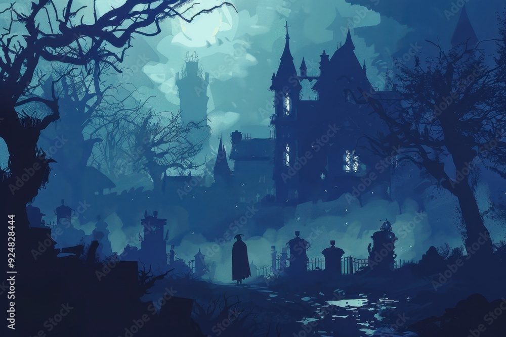 Obraz premium A Silhouetted Figure Approaches a Dark, Mysterious Castle in a Foggy Night