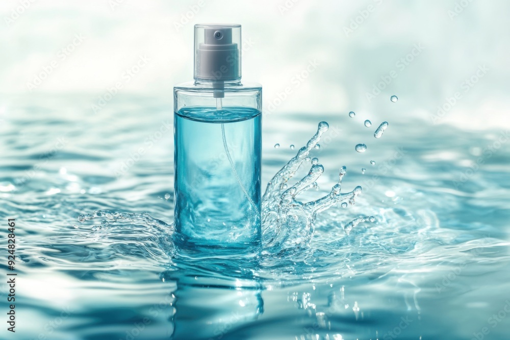 Mockup of a shower gel bottle submerged in clear water with splashes and ripples Mockup of a shower gel bottle submerged in clear water with splashes and ripples
