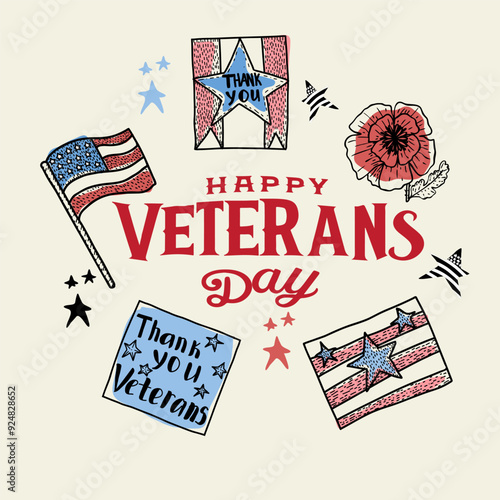 Happy Veteran Day greeting card. Hand drawn vector illustration. American patriotic holiday.