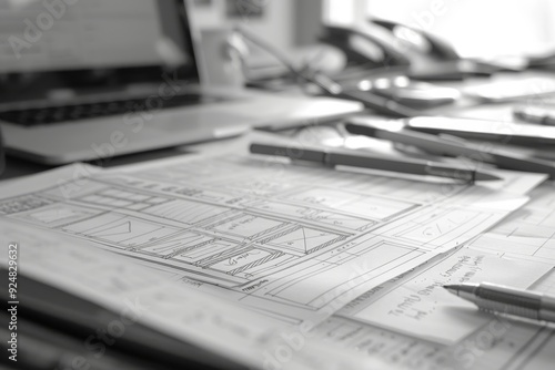 desk with laptop and bunch of drawings, wireframe sketch prompts your design decisions