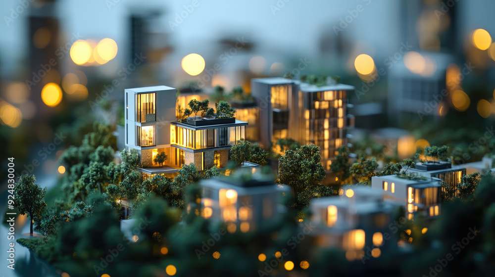 A detailed Urban City Model showcasing Illuminated Skyscrapers alongside Greenery at Night A detailed Urban City Model showcasing Illuminated Skyscrapers alongside Greenery at Night