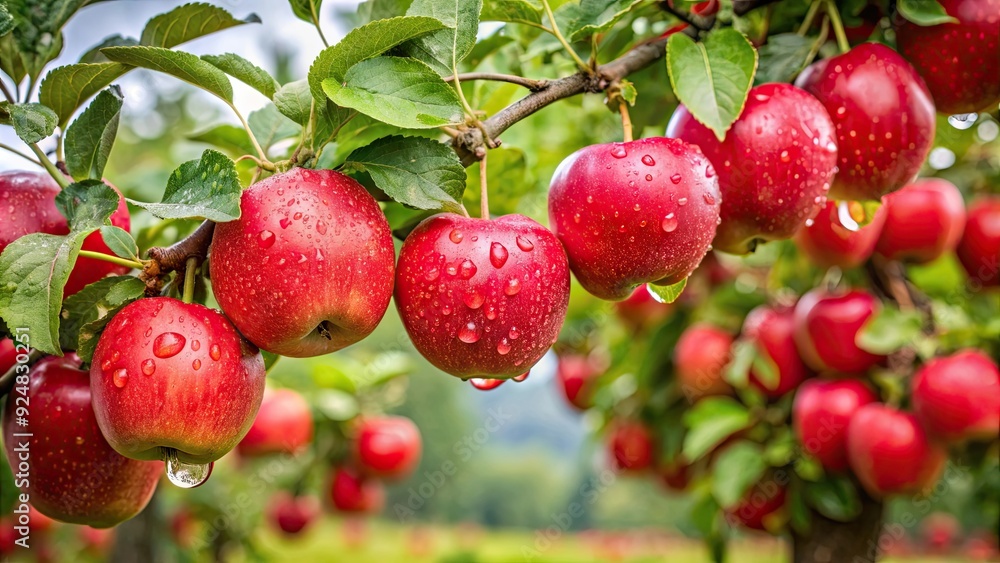 Red ripe apples hanging on branches in an orchard after a rain shower, ready for autumn harvest , Big apple, trees Red ripe apples hanging on branches in an orchard after a rain shower, ready for autumn harvest , Big apple, trees