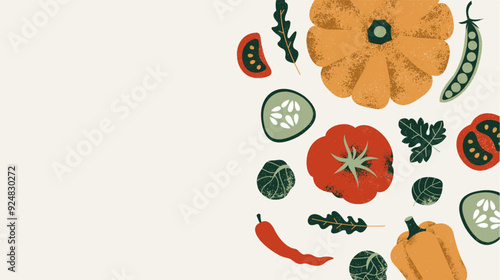 Various of vegetables. Pumpkin with tomatoes and cucumbers. Healthy food composition. 