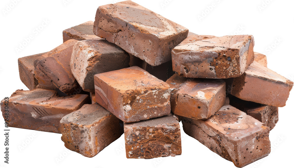 A pile of weathered red bricks, perfect for a rustic or industrial design project. A pile of weathered red bricks, perfect for a rustic or industrial design project.