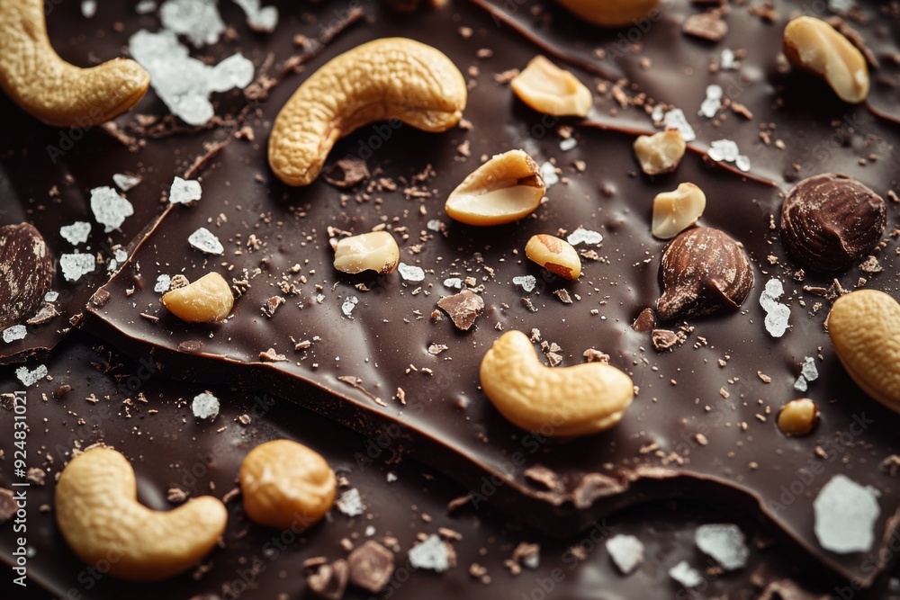 Macro view of chocolate bark topped with cashews and sprinkled with sea salt Macro view of chocolate bark topped with cashews and sprinkled with sea salt